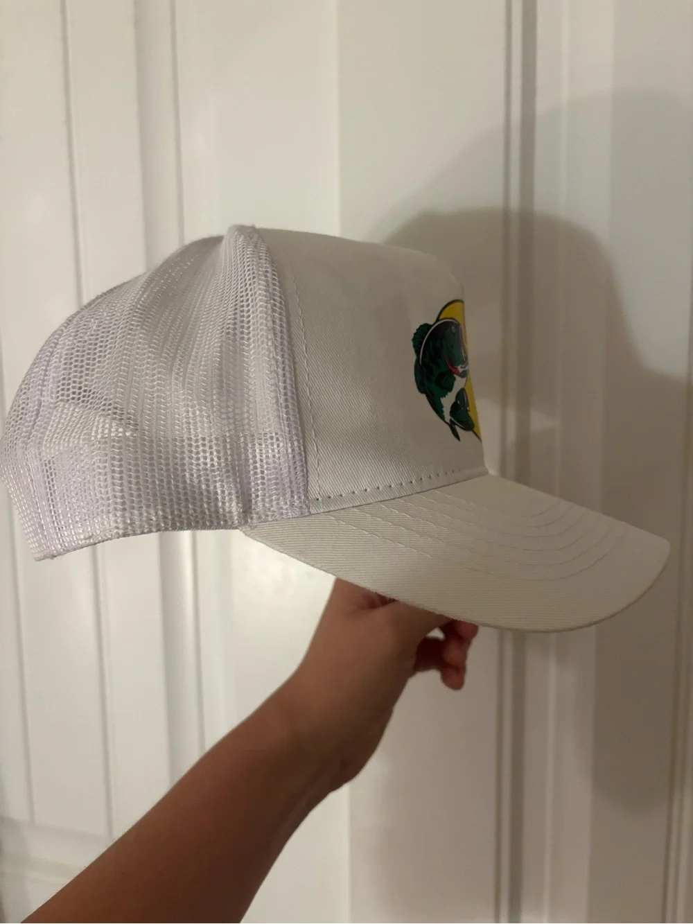 Bass Pro Shops White Cap with Yellow Logo and Green Bass